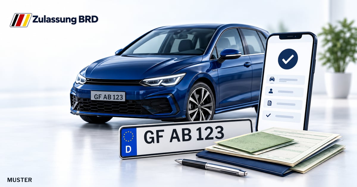 Online Fahrzeugzulassung in Landkreis Gifhorn: Musterkennzeichen GF AB 123, Auto und Fahrzeugpapiere und Smartphone. Illustration mit Logo von Zulassung BRD.